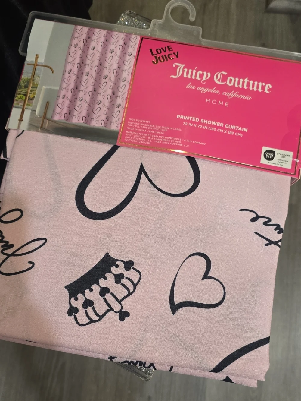 Juicy Couture Home Script Logo, Hearts, & Crowns Print Fabric Shower Curtain